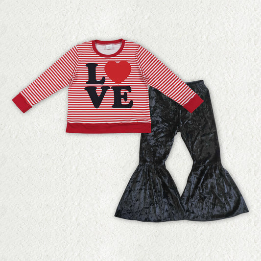 GLP3082 Valentine's Heart Love Red Striped Long Sleeve Black Velvet Pants Girls Set