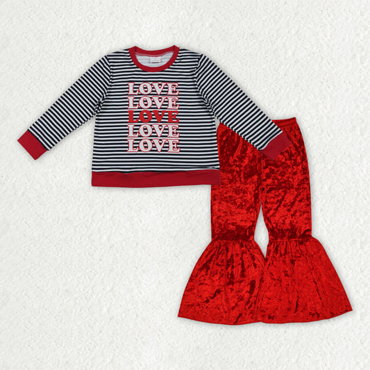 GLP3083 Valentine's Heart Love Black Striped Long Sleeve Red Velvet Pants Girls Set