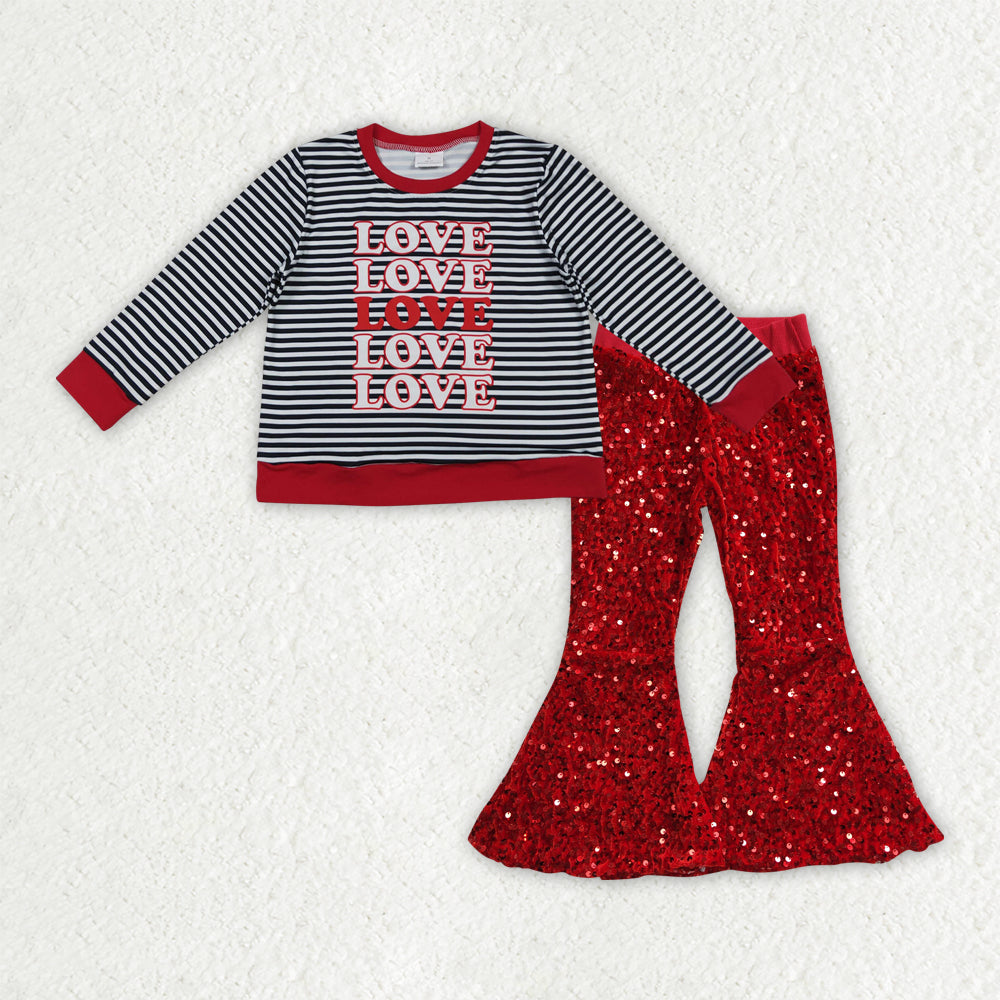 GLP3084 Valentine's Day Love Black Striped Long Sleeve Red Sequin Pants Girls Set