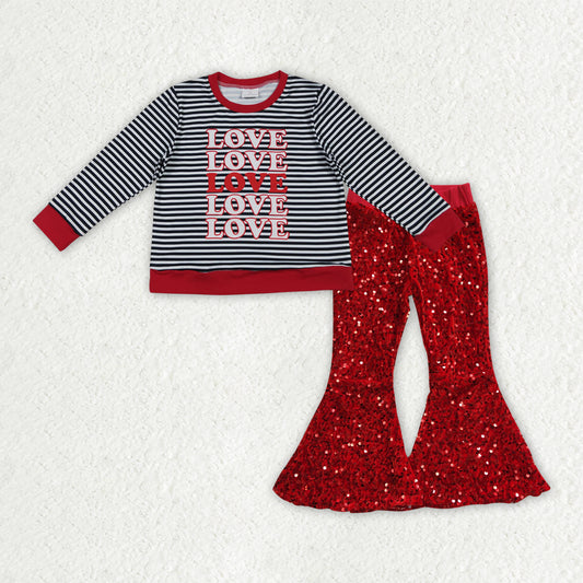 GLP3084 Valentine's Day Love Black Striped Long Sleeve Red Sequin Pants Girls Set
