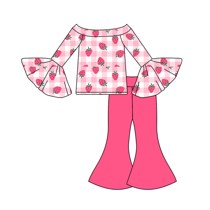 preorder GLP3088 Strawberry Pink Checkered Long Sleeve Pink Pants Girls Set