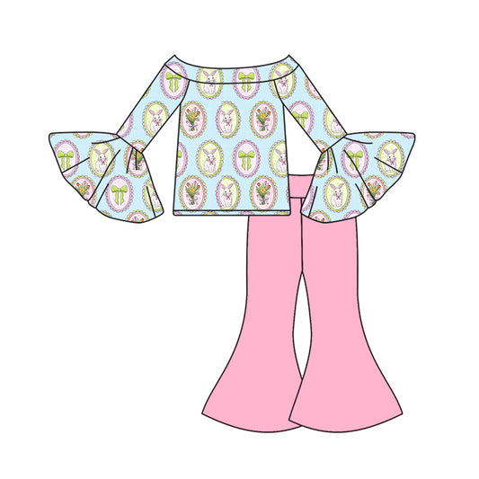 preorder GLP3089 Easter Bunny Rabbit Flowers Blue Long Sleeve Pink Pants Girls Set