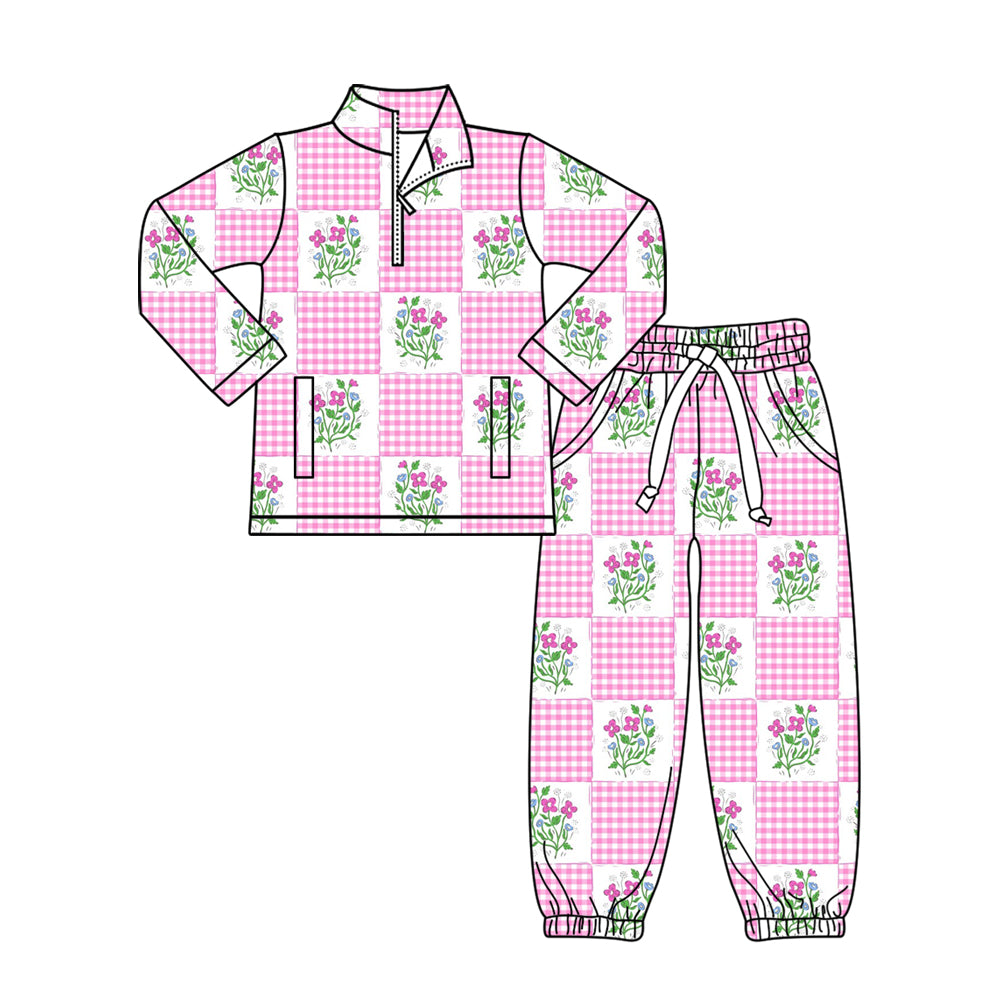 preorder GLP3090 Hot Pink Flowers Checkered Zipper Long Sleeve Pants Girls Set