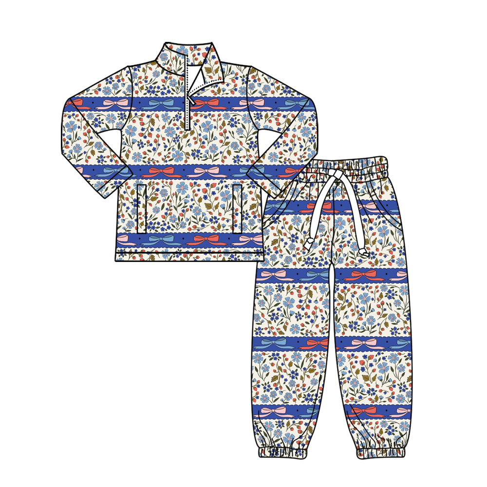 preorder GLP3093 Blue Flowers Floral Bows Zipper Long Sleeve Pants Girls Set
