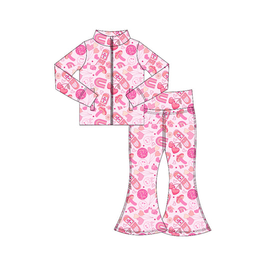 preorder GLP3110 Valentine's Day Heart Rainbow Mashroon Pink Zipper Long Sleeve Pants Girls Set