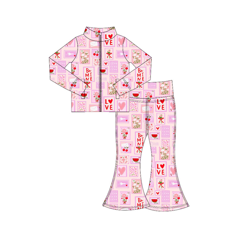 preorder GLP3111 Valentine's Day Be Mine Flowers Pink Zipper Long Sleeve Pants Girls Set