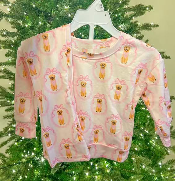 preorder GLP3117 Cute Dog Bows Pink Long Sleeve Pants Girls Pajamas