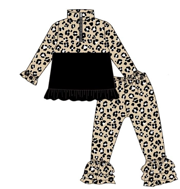 preorder GLP3123 Leopard Black Zipper Long Sleeve Pants Girls Set