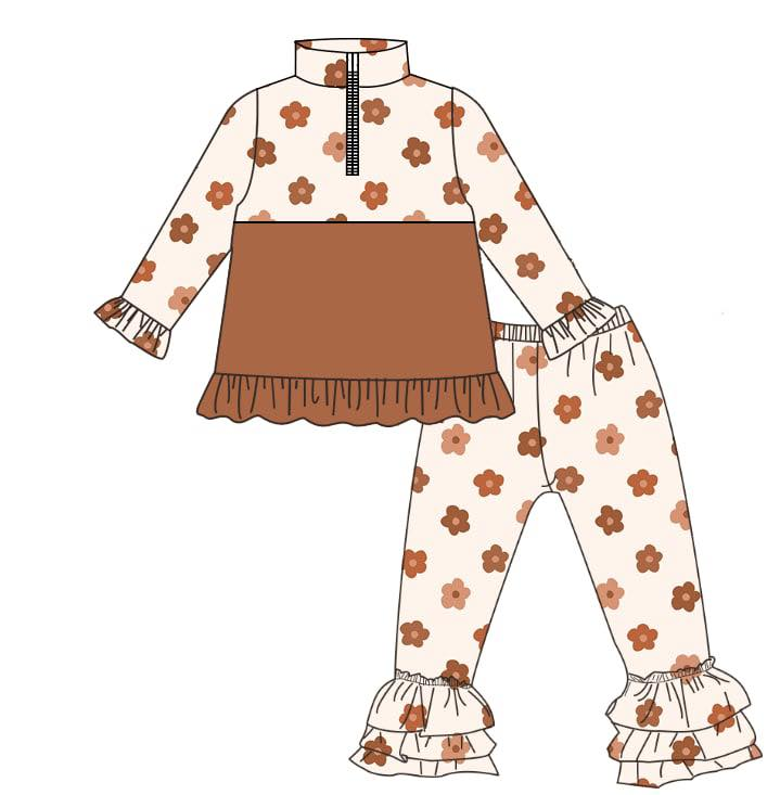 preorder GLP3124 Flowers Brown Zipper Long Sleeve Pants Girls Set