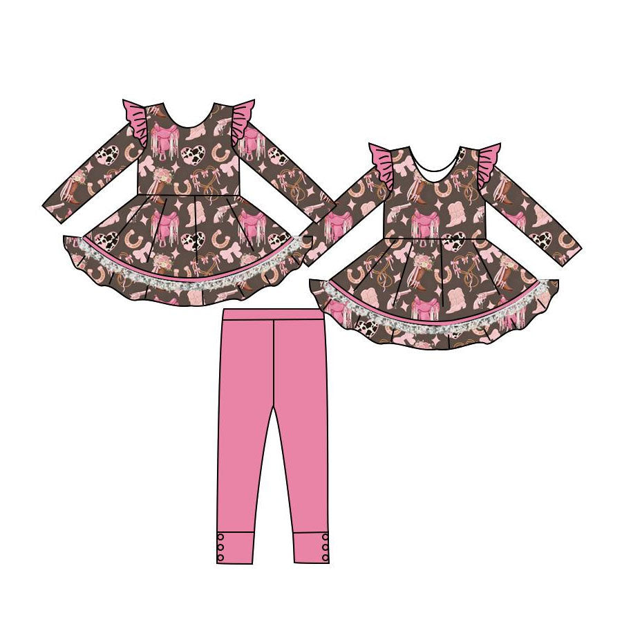 preorder GLP3126 Western Bows Boot Long Sleeve Hot Pink Pants Girls Set