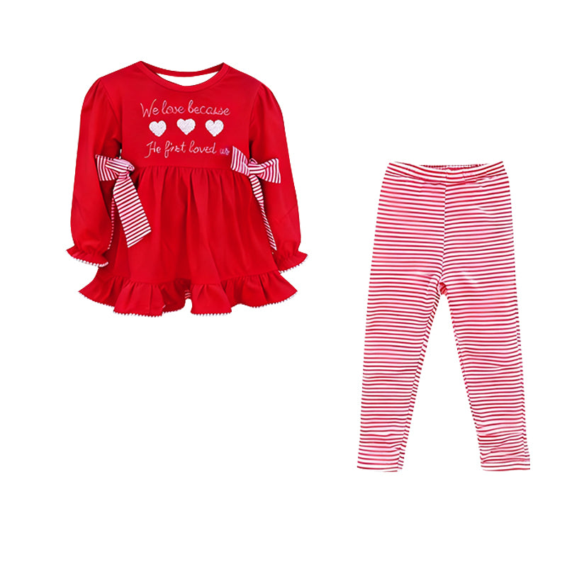 preorder GLP3133 Valentine's Day We Love Heart Red Long Sleeve Striped Pants Girls Set