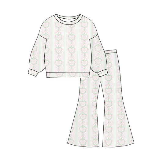 preorder GLP3137 Valentine's Day Heart Flowers Bows Pink Long Sleeve Pants Girls Set