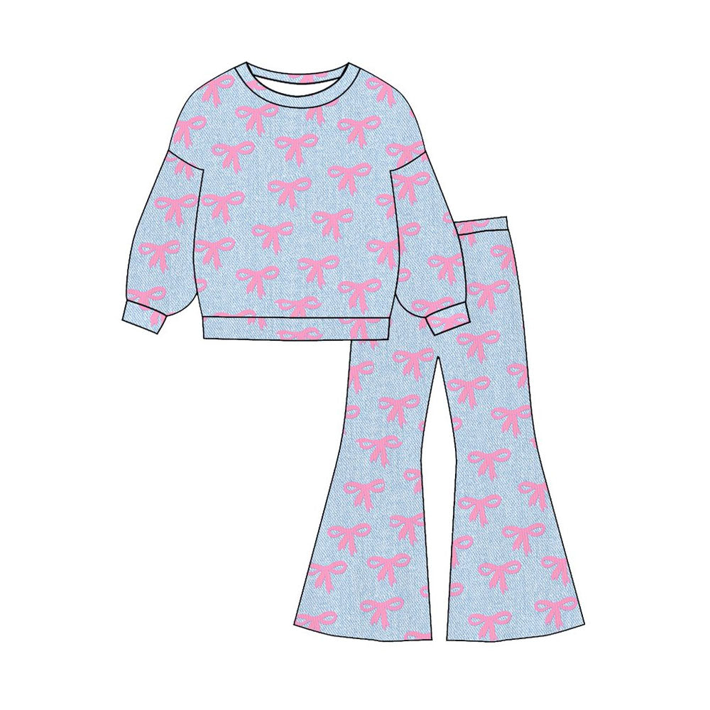 preorder GLP3140 Valentine's Day Pink Bows Blue Long Sleeve Pants Girls Set