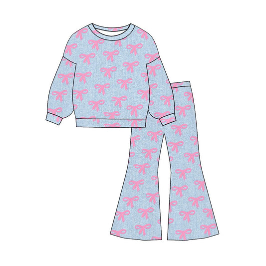 preorder GLP3140 Valentine's Day Pink Bows Blue Long Sleeve Pants Girls Set