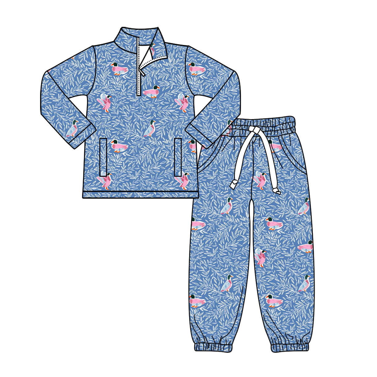 preorder GLP3147 Pink Mallard Duck Blue Leaf Zipper Long Sleeve Pants Girls Set