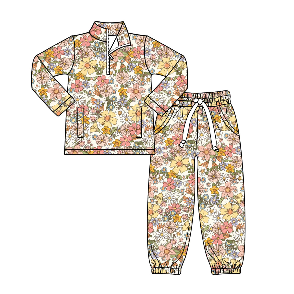 preorder GLP3148 Colorful Flowers Zipper Long Sleeve Pants Girls Set