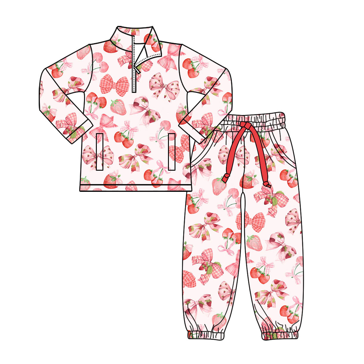preorder GLP3151 Pink Bows Berry Strawberry Zipper Long Sleeve Pants Girls Set