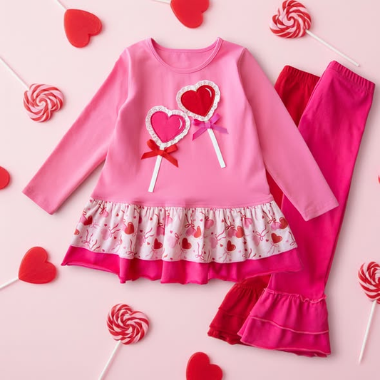 preorder GLP3155 Valentine's Day Heart Bows Pink Long Sleeve Hot Pink Pants Girls Set