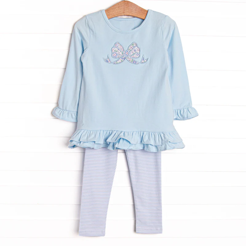 preorder GLP3165 Bow Blue Long Sleeve Striped Pants Girls Set