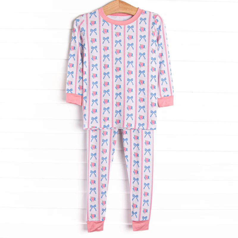 preorder GLP3178 Pink Flowers Blue Bows Long Sleeve Pants Girls Pajamas