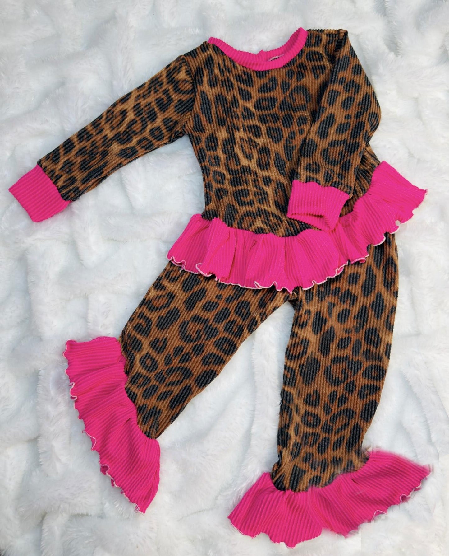 preorder GLP3196 Brown Leopard Hot Pink Long Sleeve Pants Girls Set