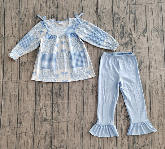 preorder Samples GLP3197 Blue Flowers Bows Long Sleeve Pants Girls Set