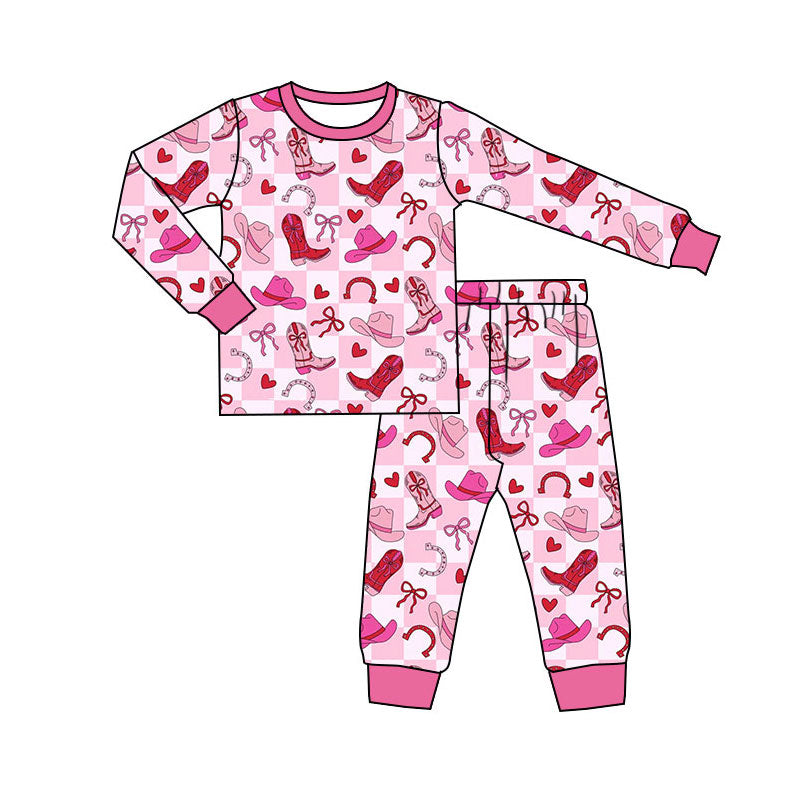 preorder GLP3198 Valentine's Day Heart Boots Hat Pink Long Sleeve Pants Girls Pajamas