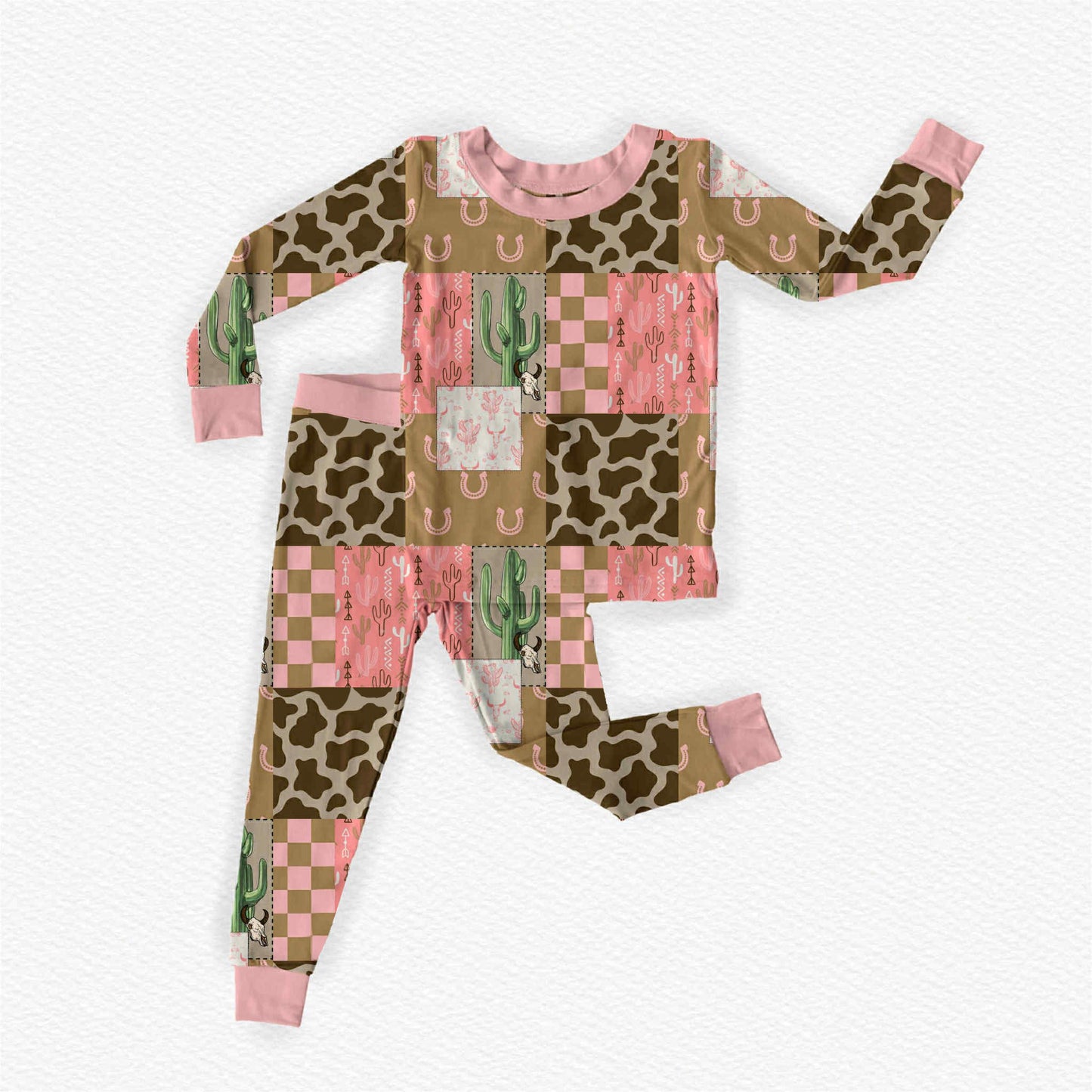 preorder GLP3203 Western Cactus Cow Print Pink Long Sleveve Pants Girls Pajamas