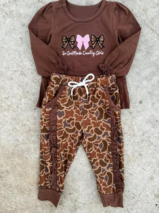 preorder GLP3206 So God Made Country Gilrs Bows Brown Long Sleeve Camo Pants Girls Set