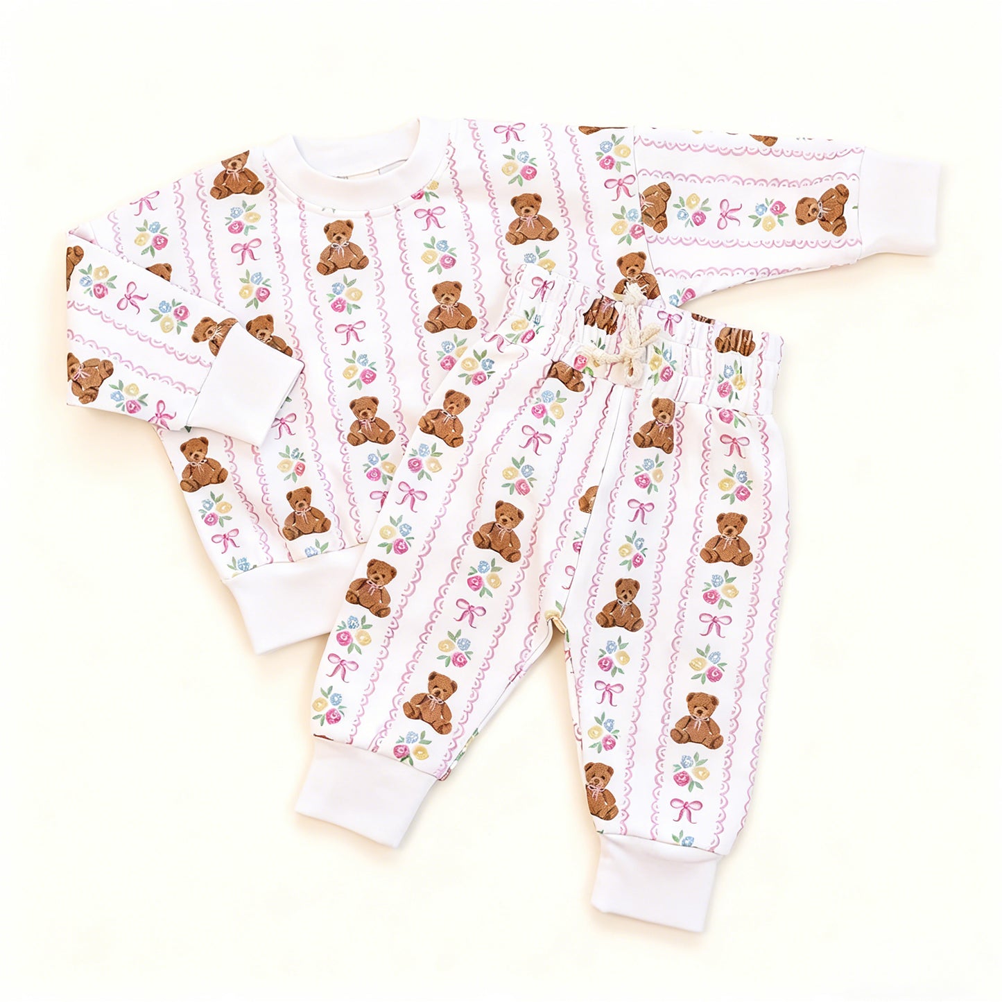 preorder GLP3234 Bows Flowers Bear Pink Long Sleeve Pants Girls Set