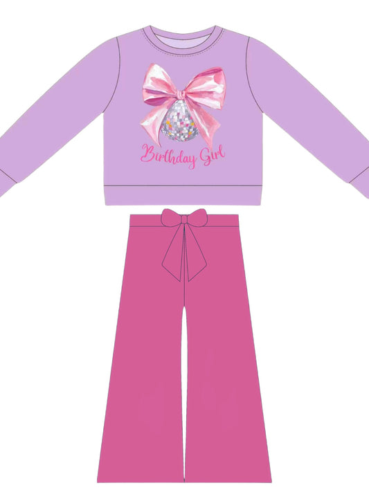 preorder GLP3239 Birthday Girl Bow Light Purple Long Sleeve Hot Pink Pants Girls Set