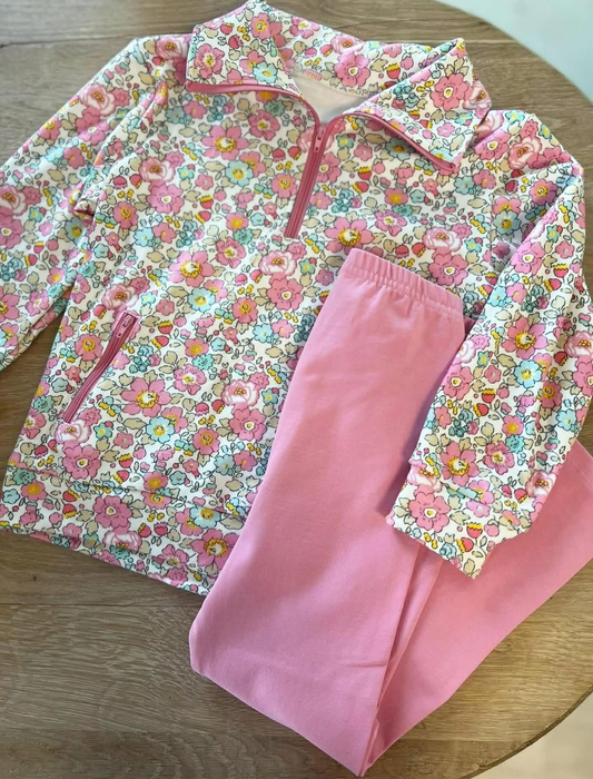 preorder GLP3241 Colorful Flowers Floral Zipper Long Sleeve Pink Pants Girls Set