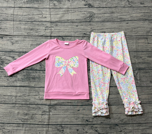 preorder Samples GLP3242 Bow Pink Long Sleeve Colorful Flowers Floral Pants Girls Set