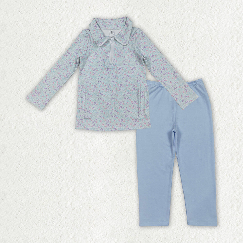 GLP3246 Yoga Blue Flowers Floral Zipper Long Sleeve Blue Pants Girls Set