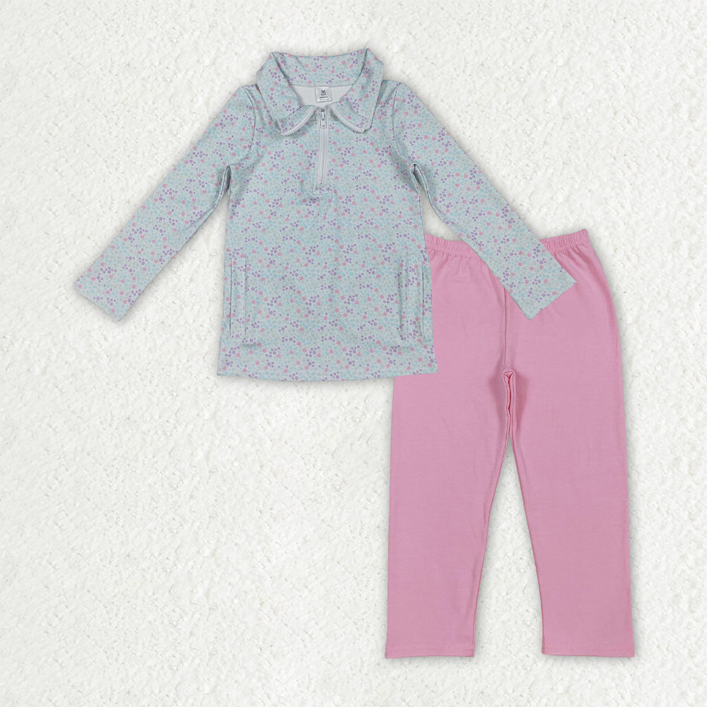 GLP3247 Yoga Blue Flowers Floral Zipper Long Sleeve Pink Pants Girls Set