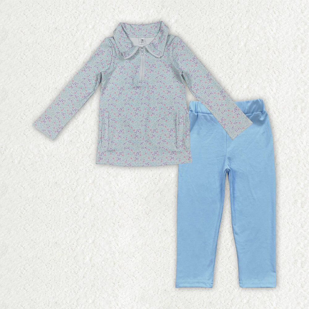 GLP3248 Yoga Blue Flowers Floral Zipper Long Sleeve Blue Pants Girls Set