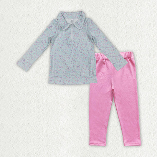 GLP3250 Yoga Blue Flowers Floral Zipper Long Sleeve Pink Pants Girls Set