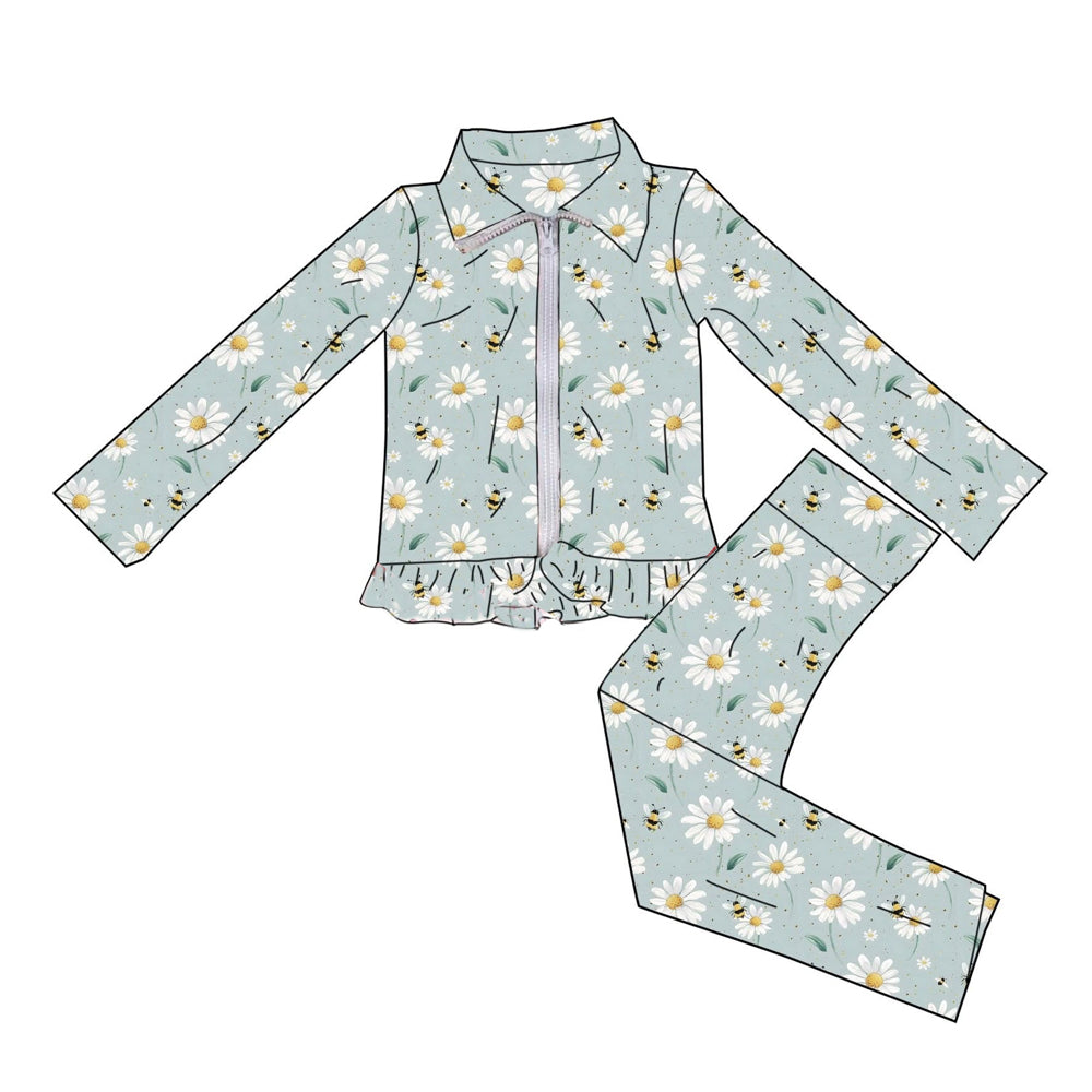preorder GLP3256 Yoga Daisy Bee Blue Zipper Long Sleeve Pants Girls Set