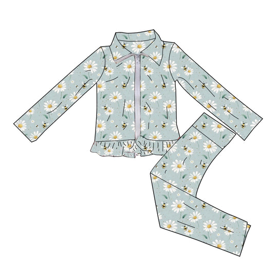 preorder GLP3256 Yoga Daisy Bee Blue Zipper Long Sleeve Pants Girls Set