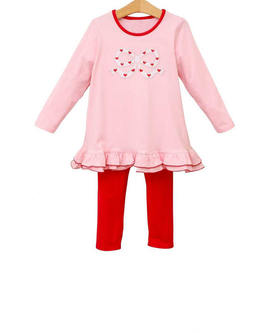 preorder GLP3259 Valentine's Day Heart Bow Pink Long Sleeve Red Pants Girls Set
