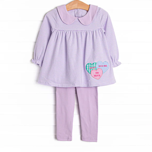 preorder GLP3262 Valentine's Day Heart Purple Striped Long Sleeve Pants Girls Set