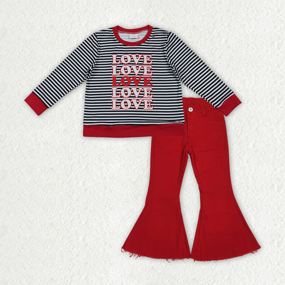 GLP3263 Valentine's Day Love Black Striped Long Sleeve Red Jeans Girls Set