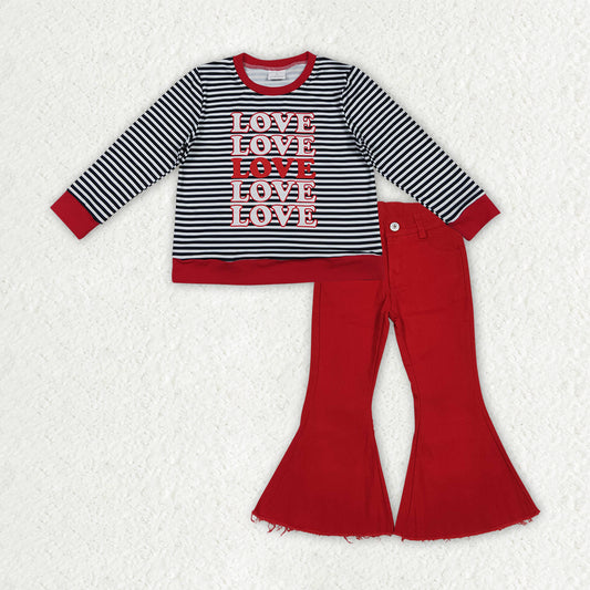 GLP3263 Valentine's Day Love Black Striped Long Sleeve Red Jeans Girls Set