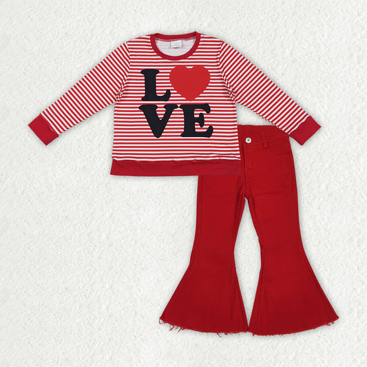 GLP3264 Valentine's Day Love Red Striped Long Sleeve Red Jeans Girls Set