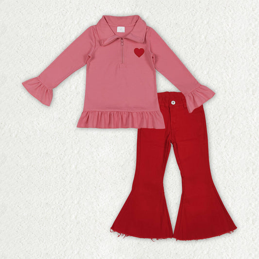 GLP3265 Valentine's Day Heart Red Zipper Long Sleeve Red Jeans Girls Set
