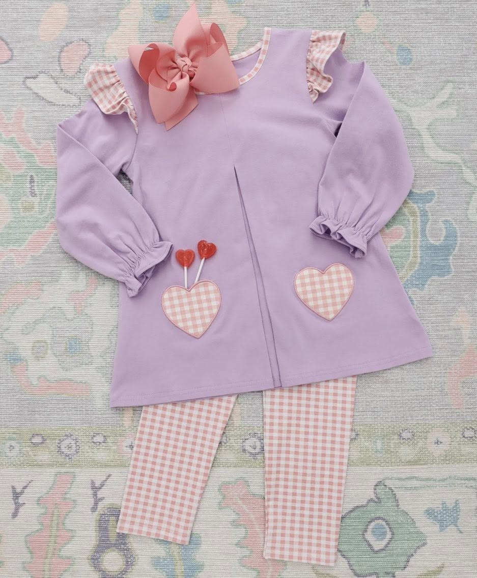 preorder GLP3269 Valentine's Day Heart Purple Long Sleeve Pink Checkered Pants Girls Set