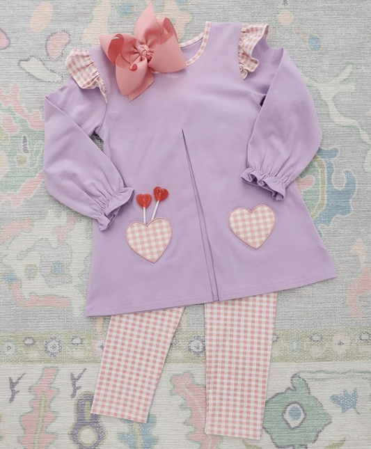 preorder GLP3269 Valentine's Day Heart Purple Long Sleeve Pink Checkered Pants Girls Set