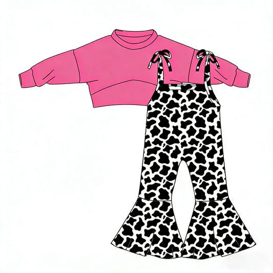 preorder GLP3270 Pink Long Sleeve Cow Print Jumpsuits Girls Set