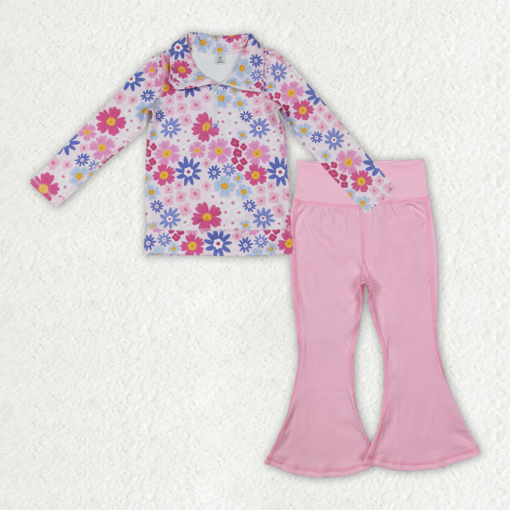 GLP3273 Yoga Colorful Flowers Zipper Long Sleeve Pink Pants Girls Set