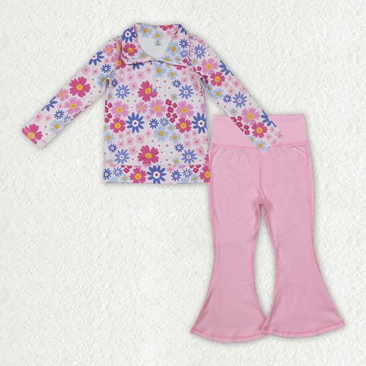 GLP3273 Yoga Colorful Flowers Zipper Long Sleeve Pink Pants Girls Set